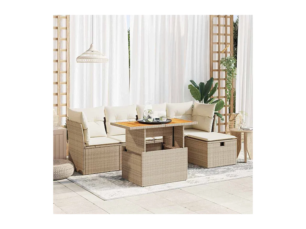 Salon de jardin 6 pièces avec coussins beige résine tressée acacia