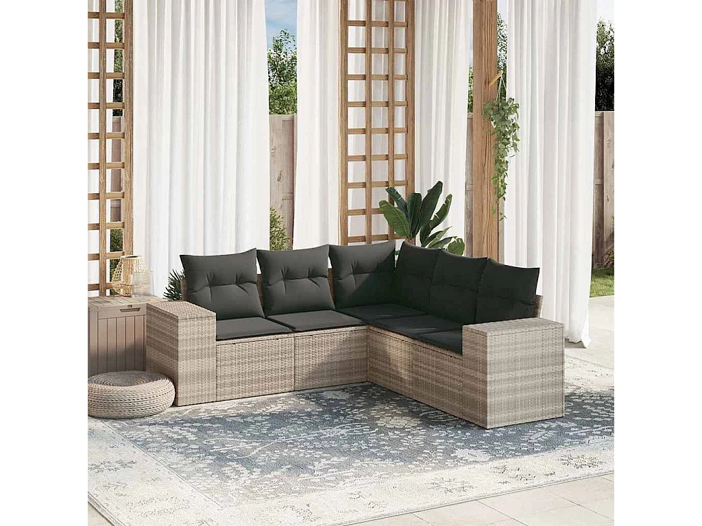 5-delige Loungeset met kussens poly rattan lichtgrijs