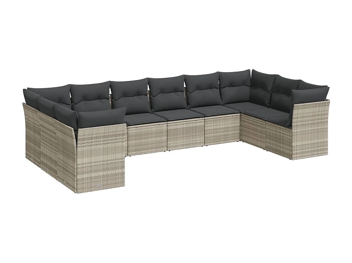 10 peças conj. sofás jardim com almofadões vime PE cinzento-claro