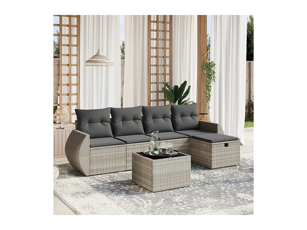 6-delige Loungeset met kussens poly rattan lichtgrijs