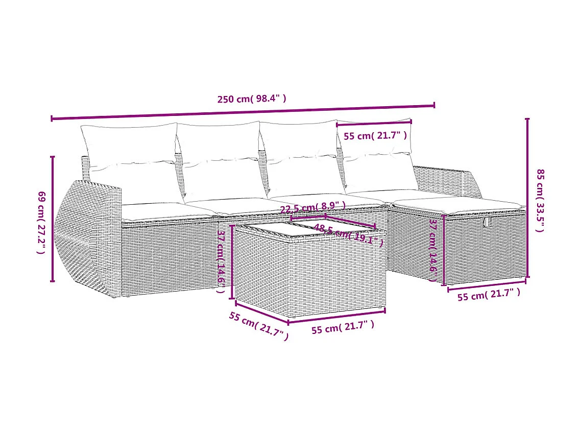 Salon de jardin 6 pièces avec coussins gris clair résine tressée