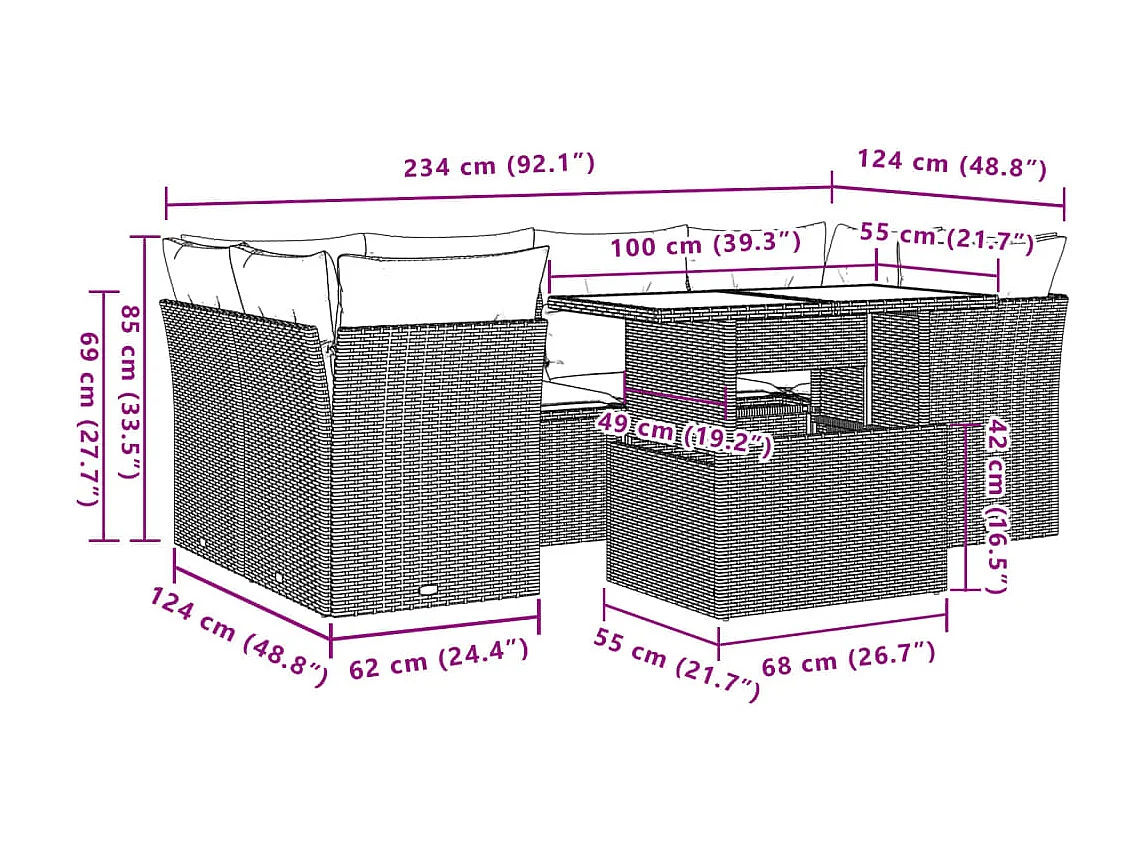 7-delige Loungeset met kussens poly rattan bruin
