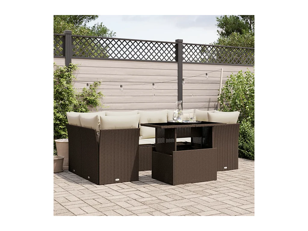 Salon de jardin avec coussins 7 pièces marron résine tressée