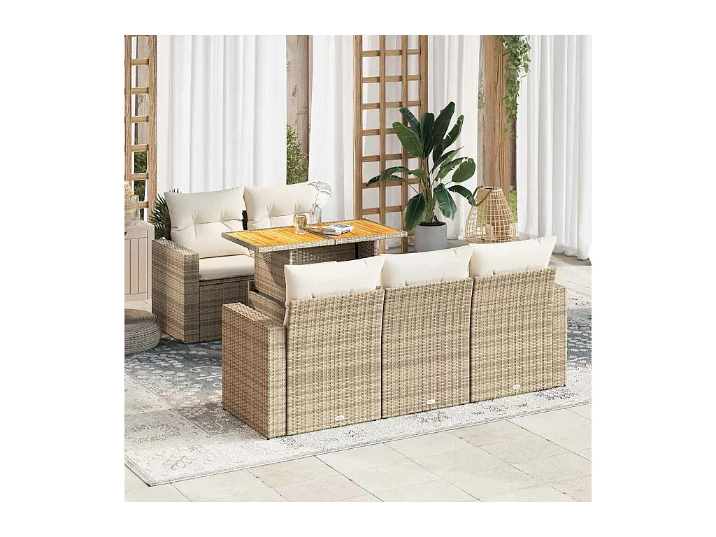 6-delige Loungeset met kussens poly rattan beige