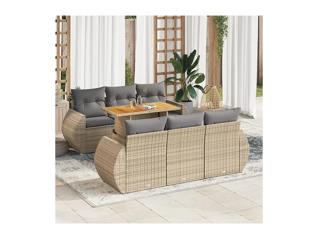 7-delige Loungeset met kussens poly rattan beige