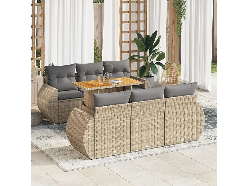 7 peças conjunto de sofás para jardim com almofadões vime PE bege