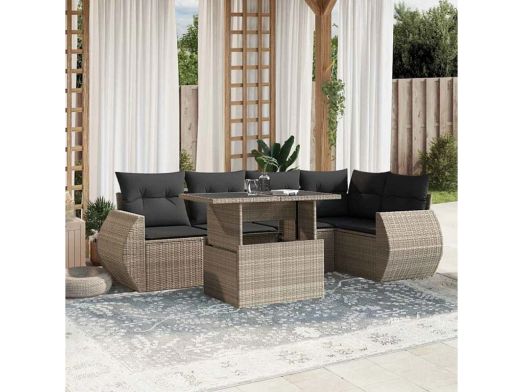 Set de sofás de jardín 7 piezas con cojines ratán PE gris claro