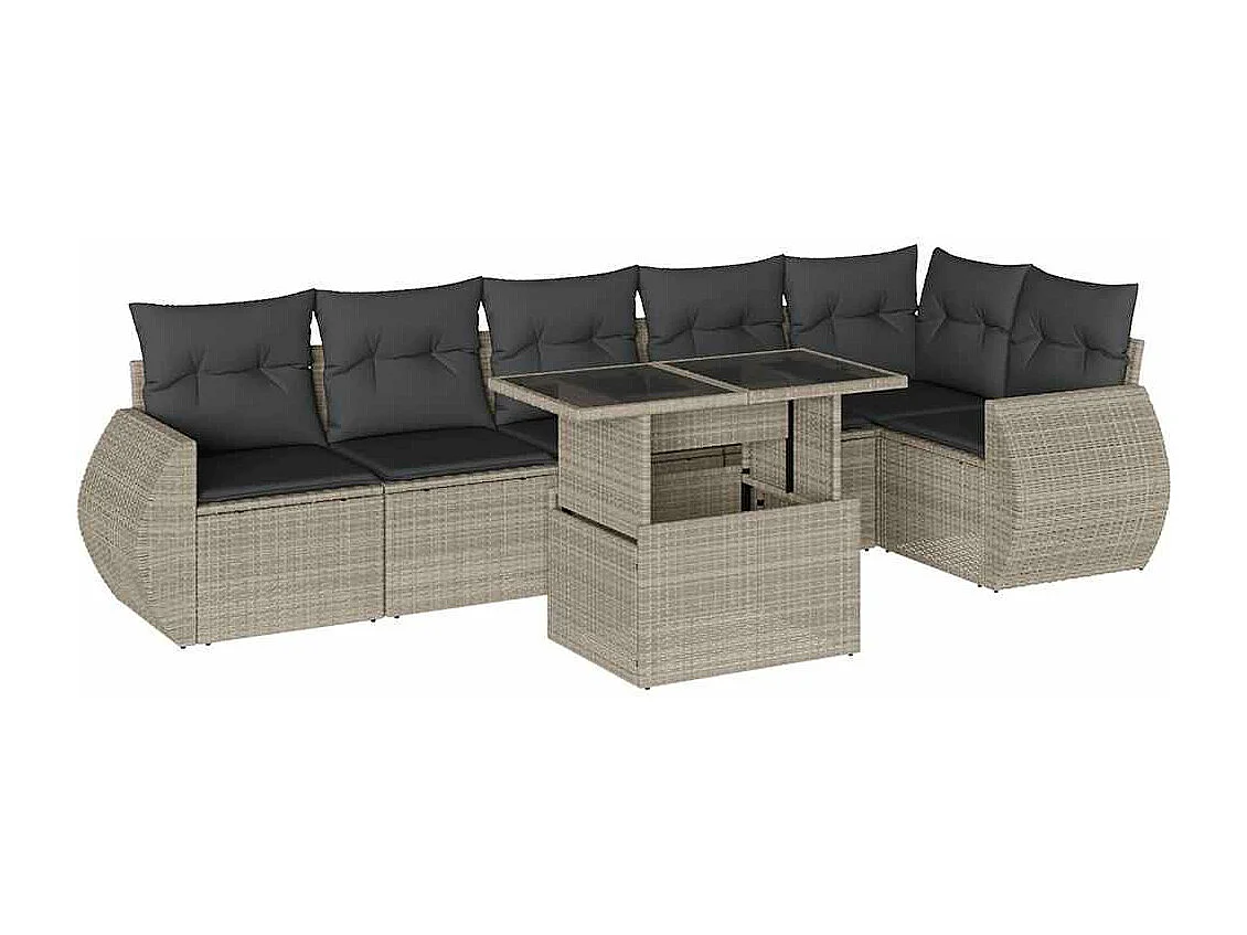 Set de sofás de jardín 7 piezas con cojines ratán PE gris claro