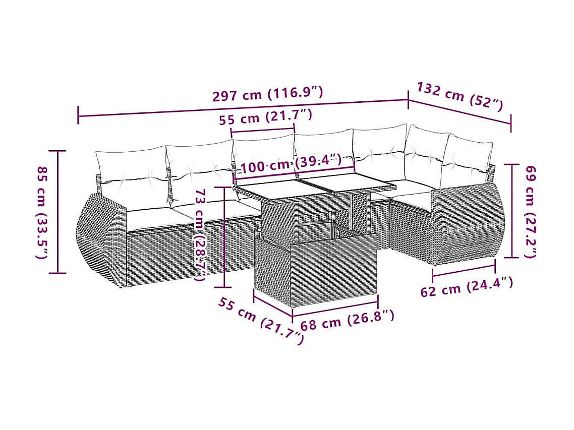 Set de sofás de jardín 7 piezas con cojines ratán PE gris claro