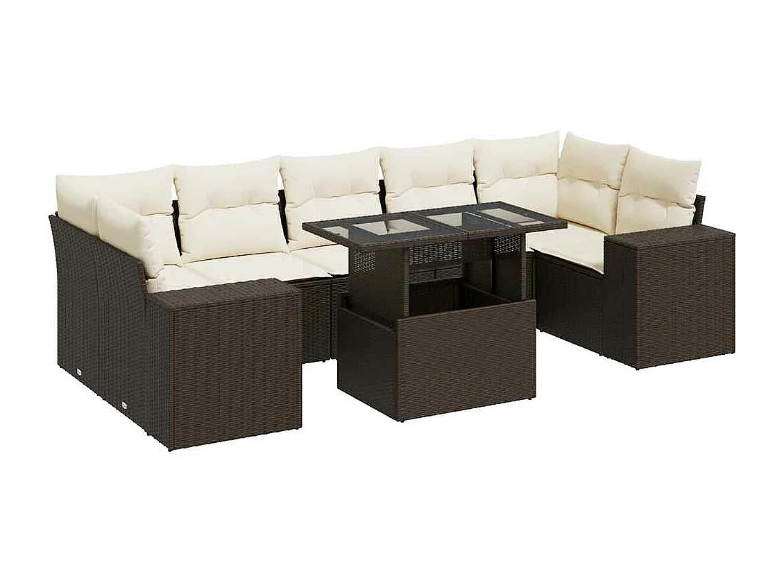 Salon de jardin 8 pièces avec coussins marron résine tressée