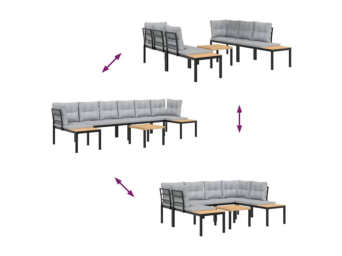 Set sofás jardín y cojines 5 piezas acero recubierto polvo negro