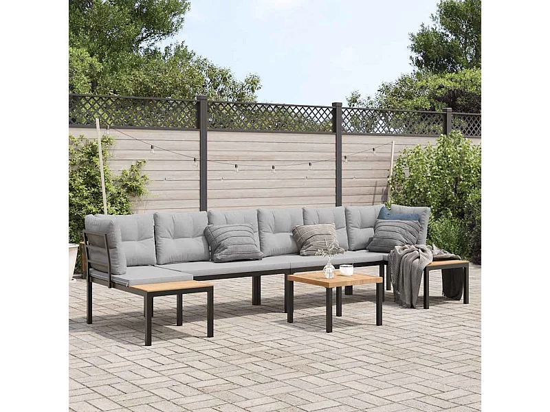 Salon de jardin avec coussins 5 pièces noir acier enduit de poudre