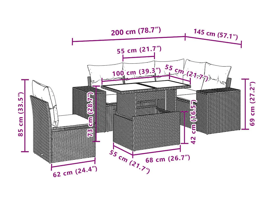 6 peças conjunto de sofás para jardim com almofadões vime PE bege