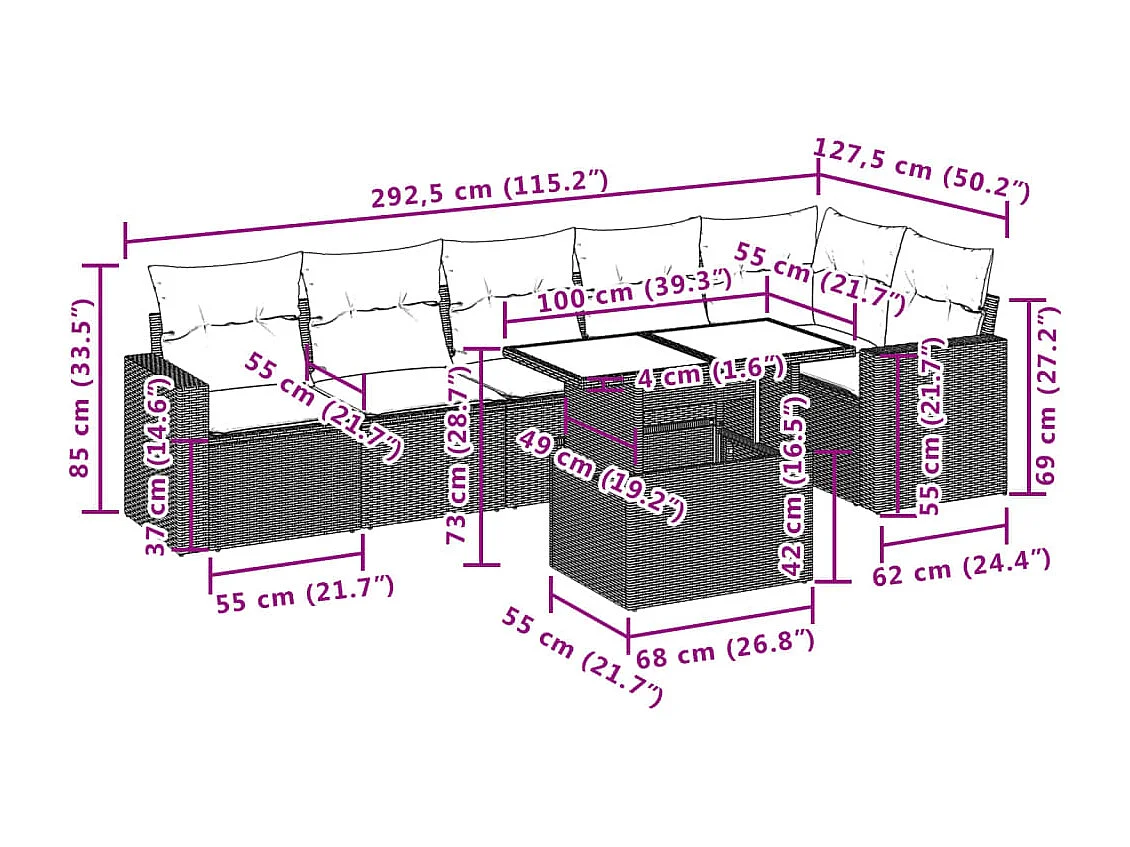 7 peças conjunto de sofás jardim com almofadões vime PE castanho