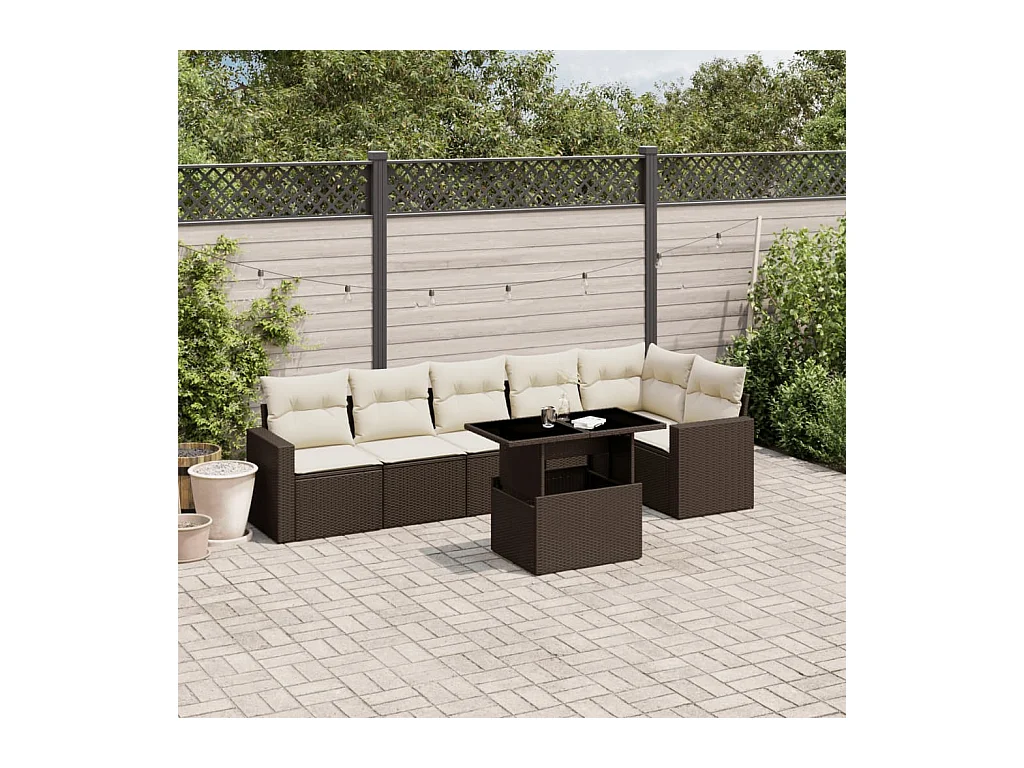 Salon de jardin avec coussins 7 pièces marron résine tressée