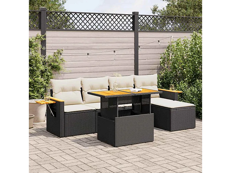 6-delige Loungeset met kussens poly rattan acacia zwart