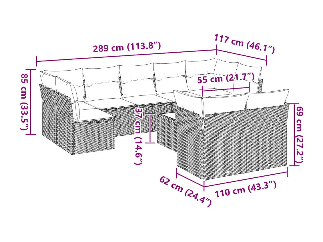 10 peças conj. sofás jardim com almofadões vime PE cinzento-claro