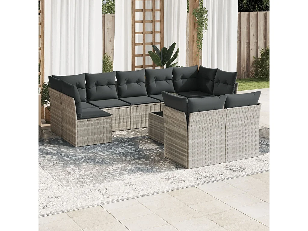 Salon de jardin avec coussins 10 pièces gris clair résine tressée