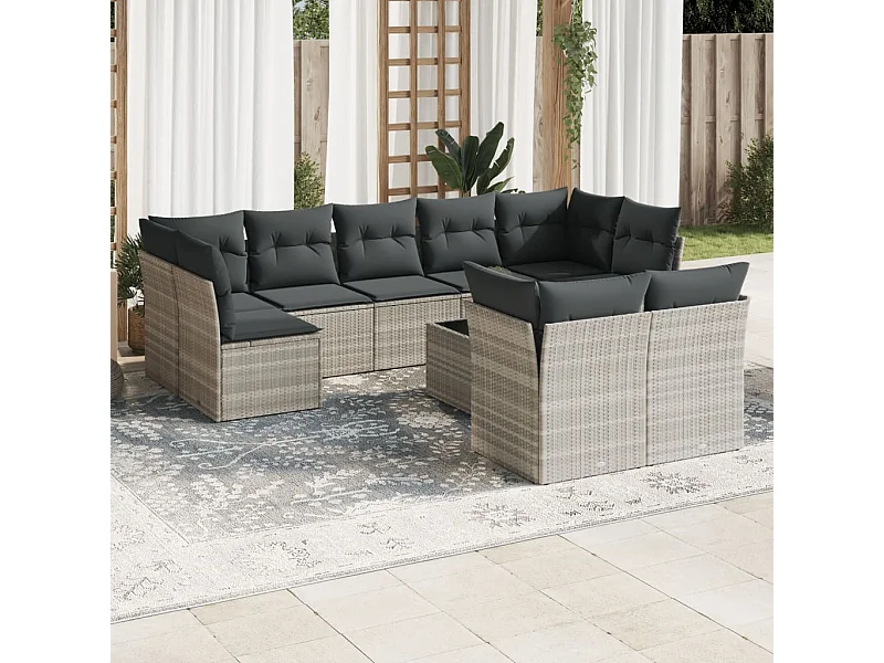 Salon de jardin avec coussins 10 pièces gris clair résine tressée
