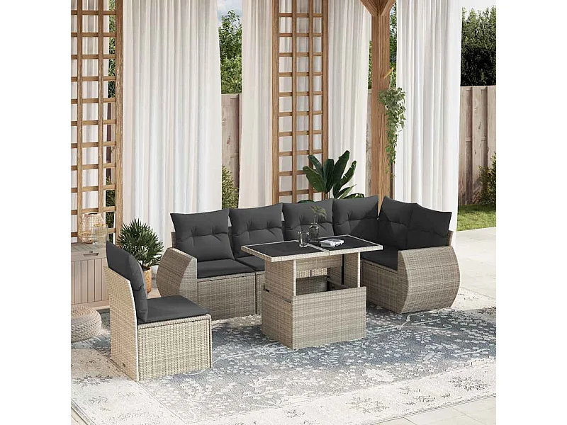 7-delige Loungeset met kussens poly rattan lichtgrijs