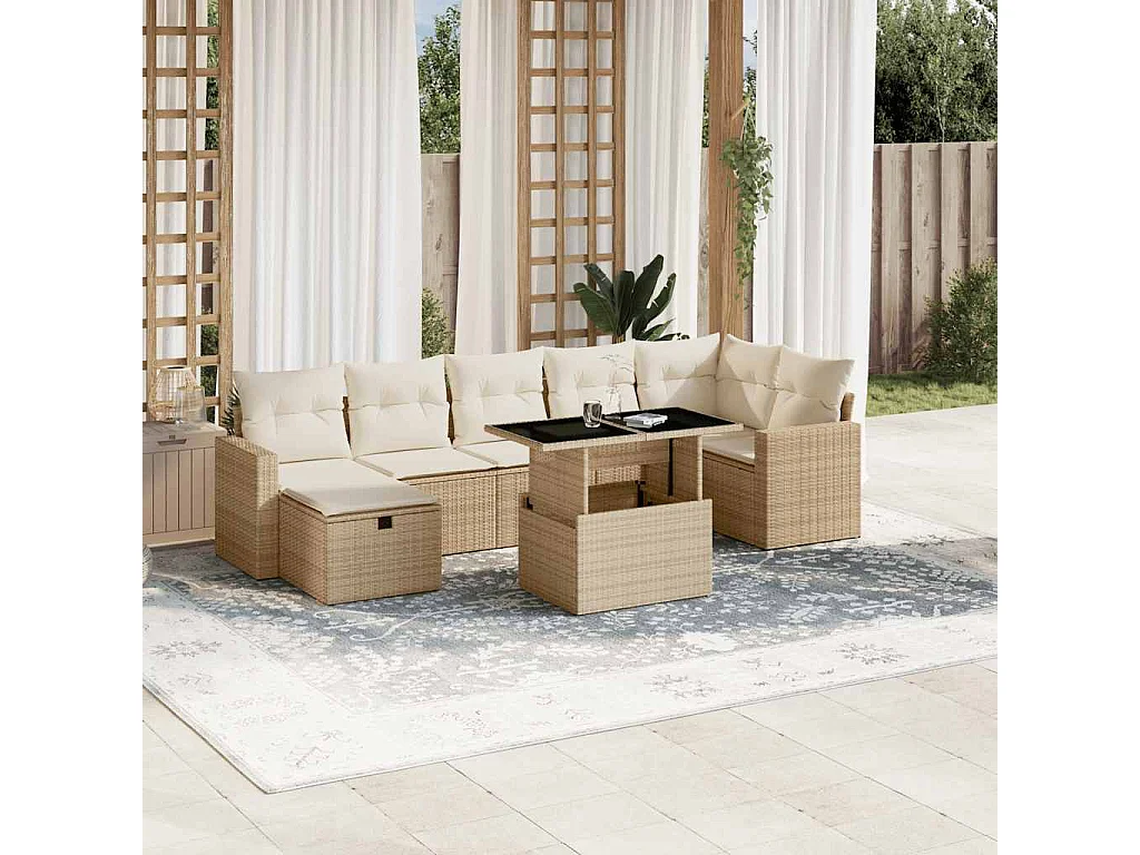8-delige Loungeset met kussens poly rattan beige