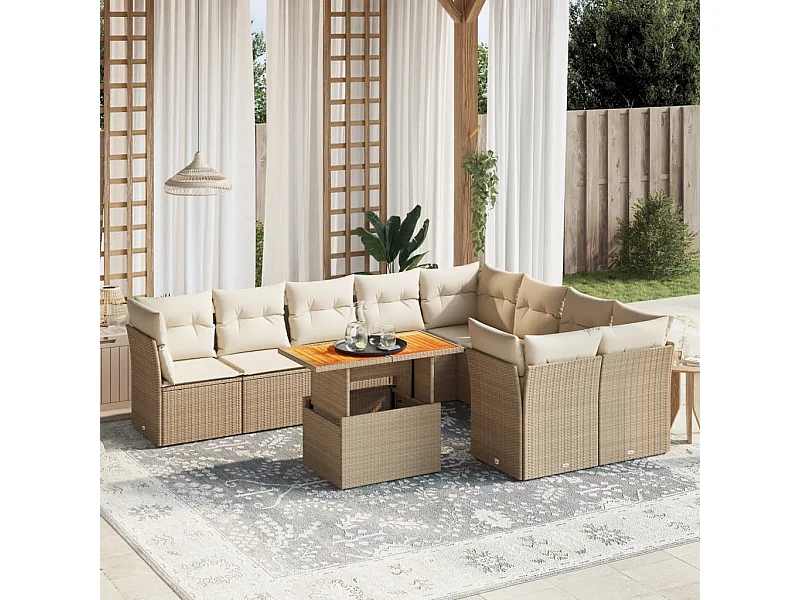 10 peças conjunto de sofás para jardim com almofadões vime PE bege