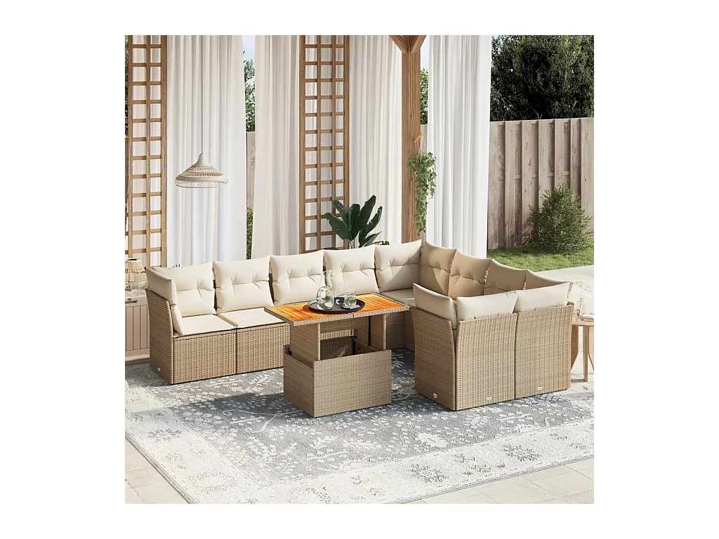 10-delige Loungeset met kussens poly rattan beige