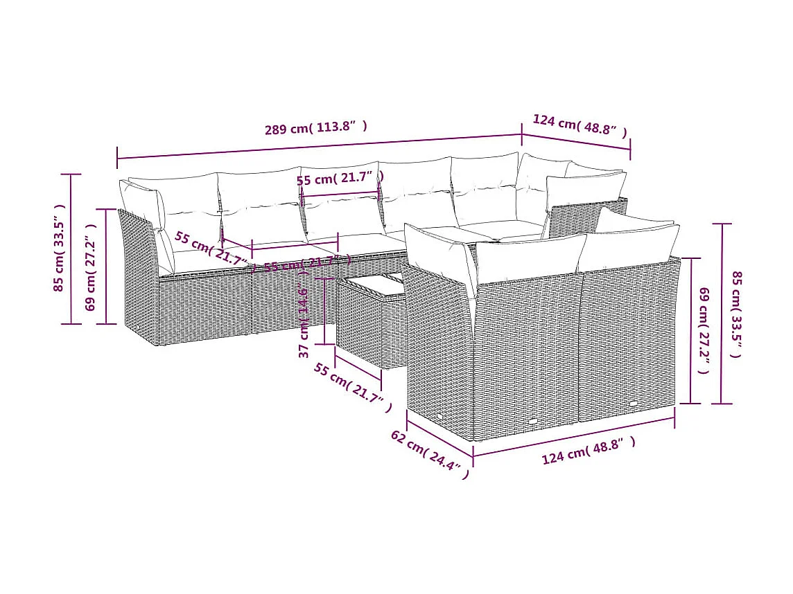 Salon de jardin avec coussins 9 pièces marron résine tressée