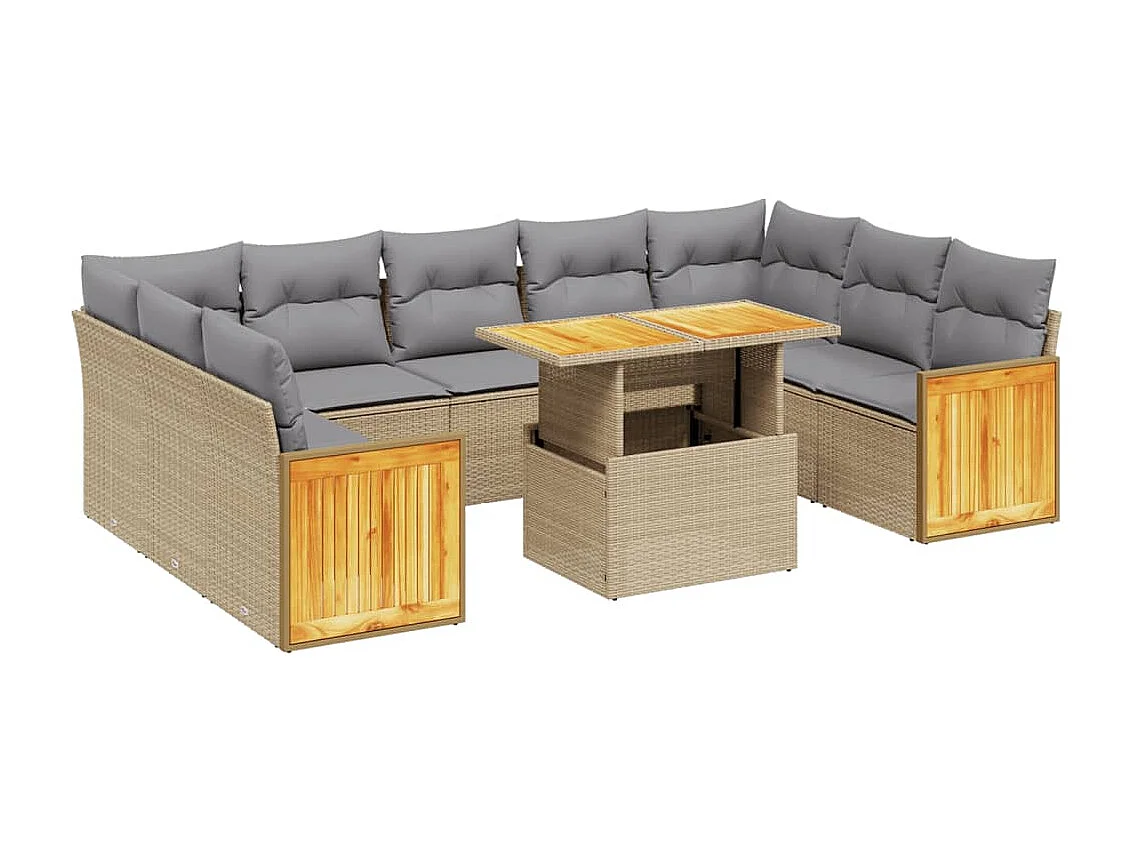 10 peças conjunto de sofás para jardim com almofadões vime PE bege