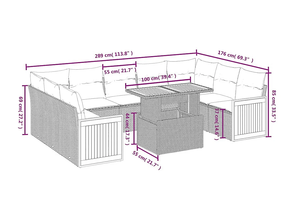 10 peças conjunto de sofás para jardim com almofadões vime PE bege