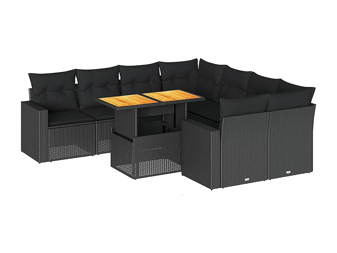 Set de sofás de jardín con cojines 9 piezas ratán sintético negro