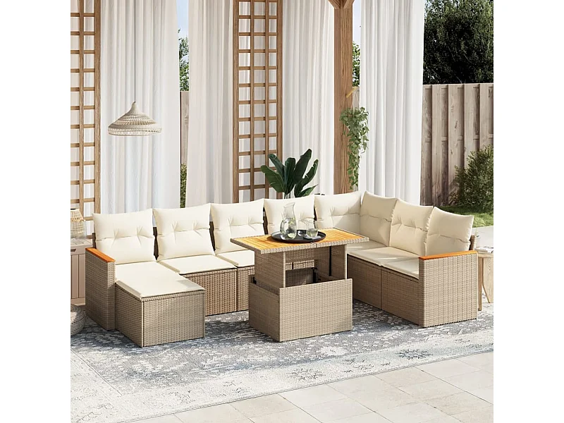 Salon de jardin avec coussins 9 pièces beige résine tressée