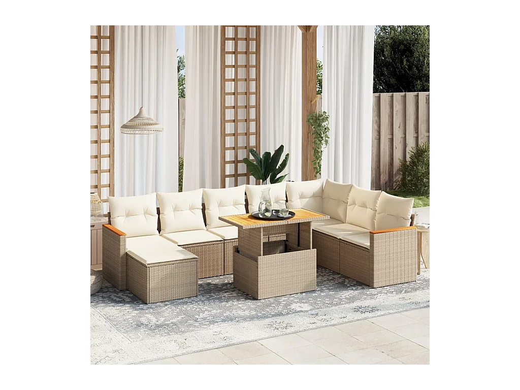9-delige Loungeset met kussens poly rattan beige