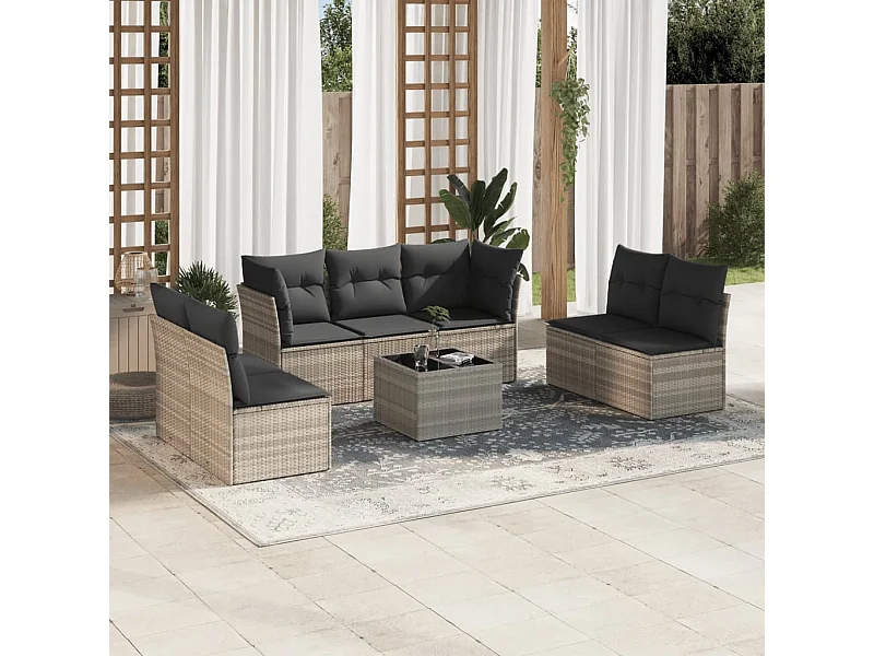Salon de jardin 8 pièces avec coussins gris clair résine tressée