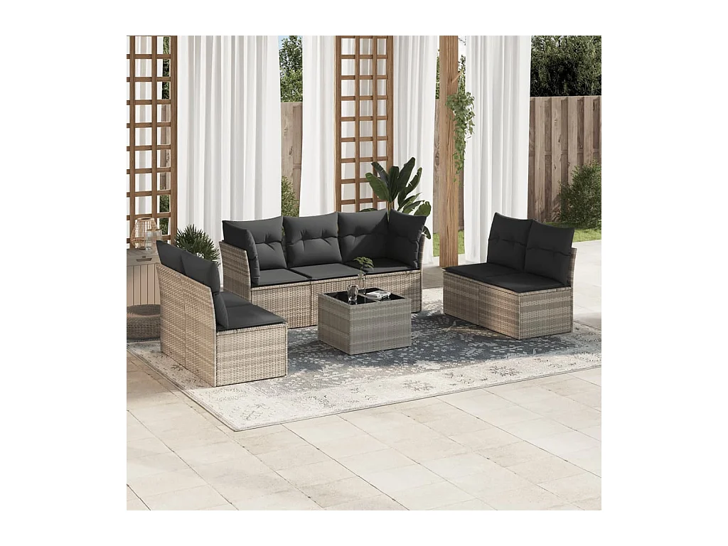 Set de sofás de jardín 8 piezas y cojines ratán sintético gris