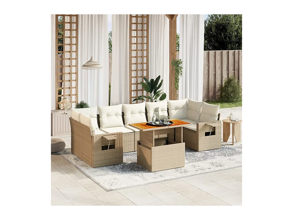 8-delige Loungeset met kussens poly rattan beige