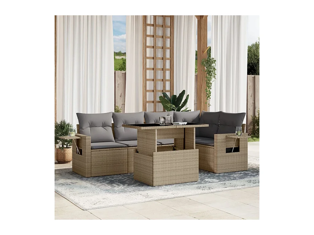 Salon de jardin avec coussins 6 pièces beige résine tressée