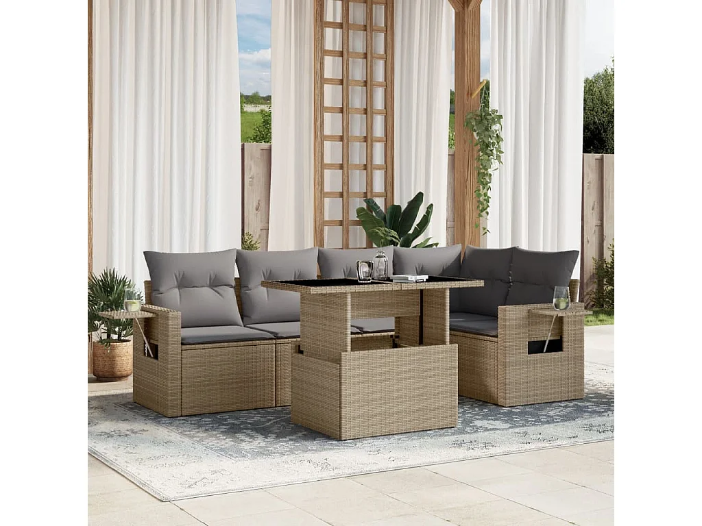 Salon de jardin avec coussins 6 pièces beige résine tressée