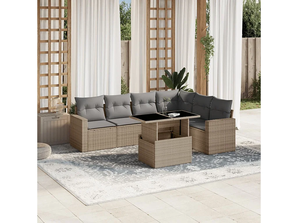 Salon de jardin avec coussins 7 pièces beige résine tressée