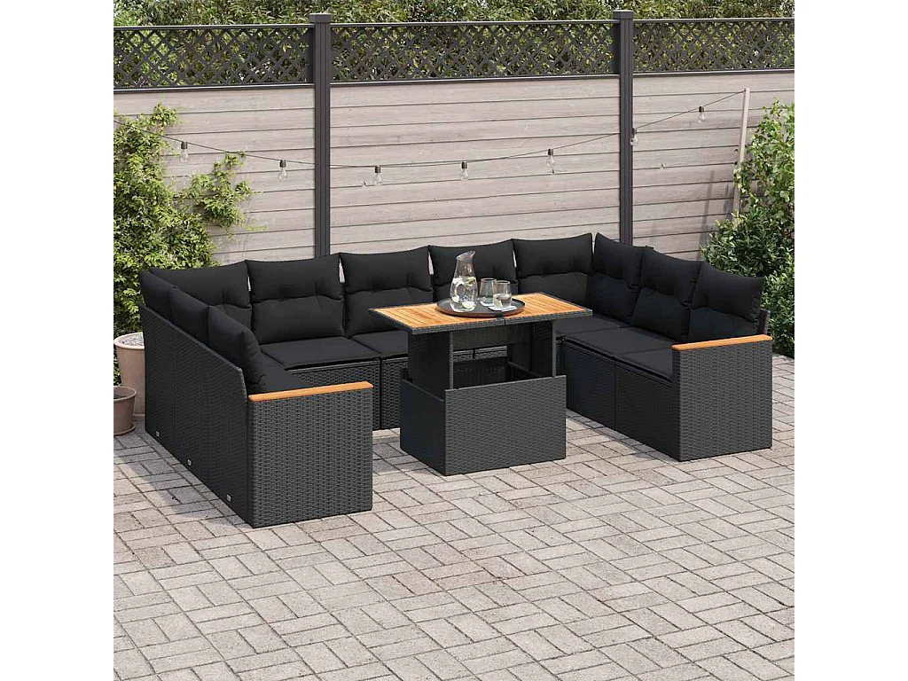10 peças conjunto sofás jardim com almofadões vime PE/acácia preto