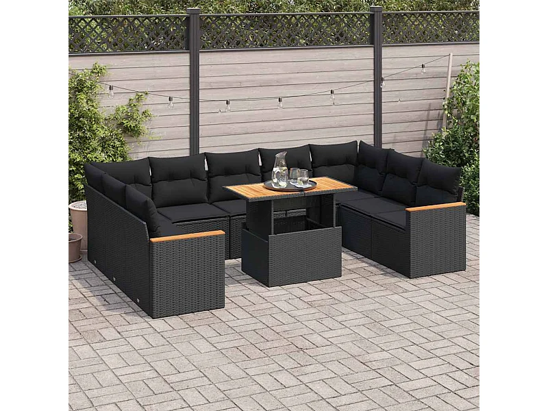 Salon de jardin 10 pièces avec coussins noir résine tressée acacia