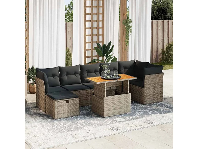 8 peças conjunto sofás jardim almofadões vime PE/acácia cinzento