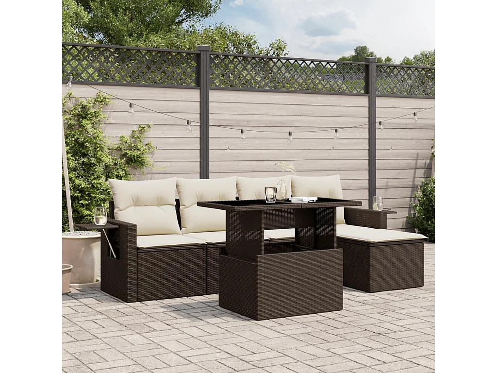 Salon de jardin avec coussins 6 pièces marron résine tressée