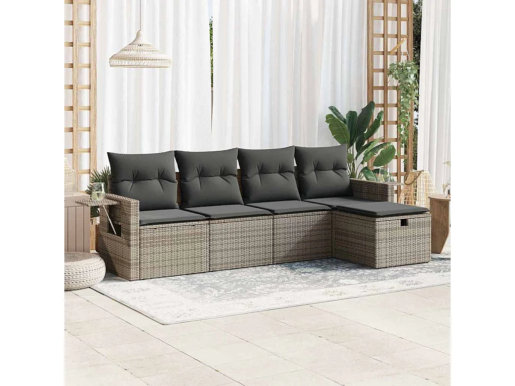 5-delige Loungeset met kussens poly rattan grijs