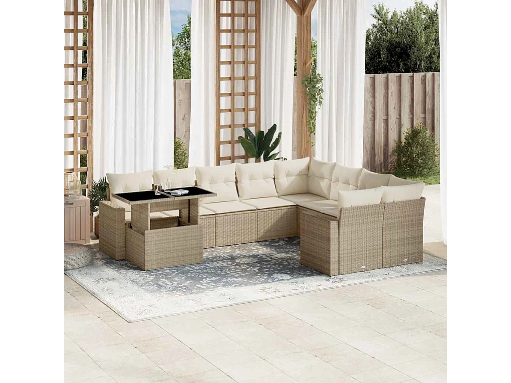 Salon de jardin avec coussins 10 pièces beige résine tressée