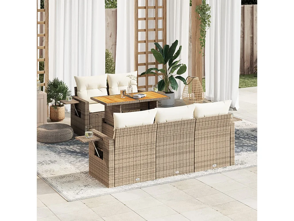 Salon de jardin avec coussins 6 pièces beige résine tressée
