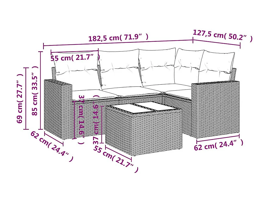Salon de jardin 5 pièces avec coussins gris clair résine tressée