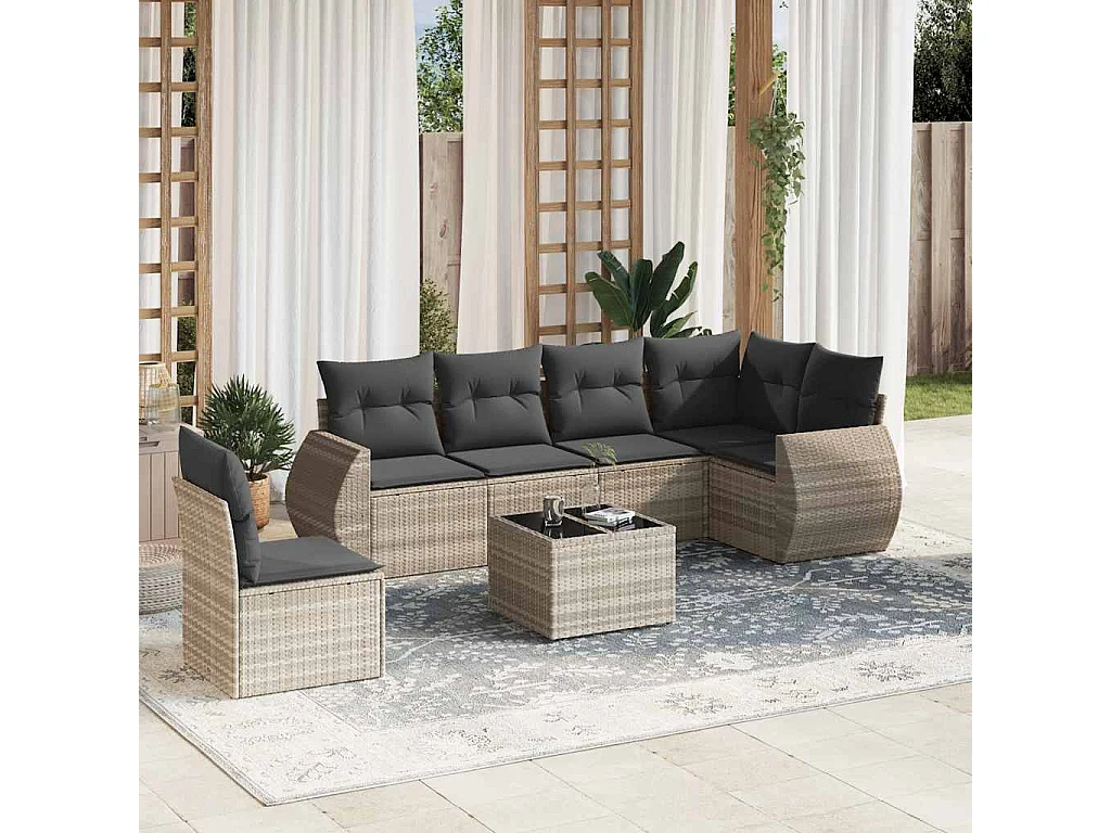 Set de sofás de jardín 7 piezas con cojines ratán PE gris claro