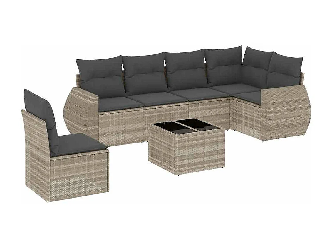 Set de sofás de jardín 7 piezas con cojines ratán PE gris claro