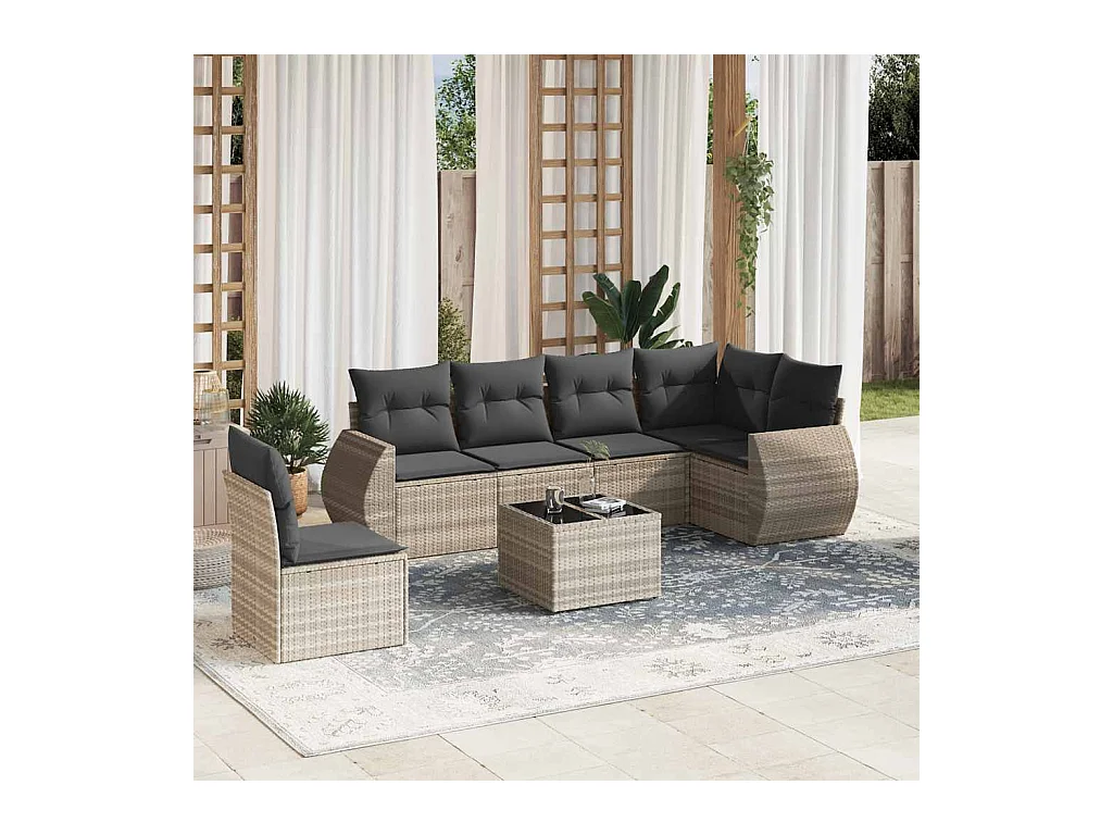 Salon de jardin avec coussins 7 pièces gris clair résine tressée